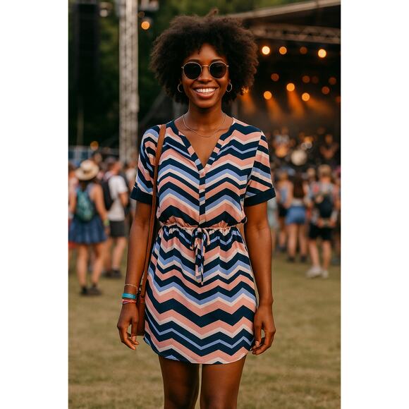 Wishful Park Chevron Mini Dress Sz M Pink Blue Graphic Short Sleeve Cute Colrful - Picture 2 of 11